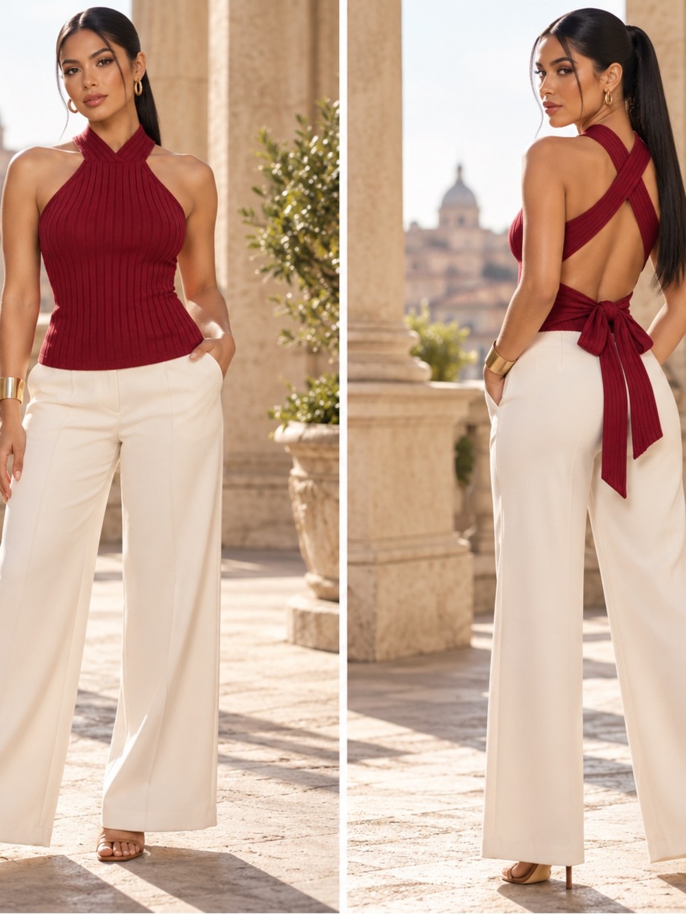 Ribbed Halter Tie-Back Tank Top in Wine